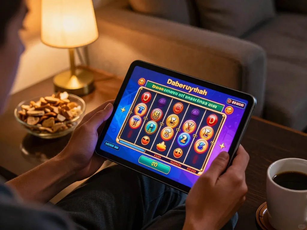 Dabet uy tín user engaging with online slot game on tablet in cozy living room