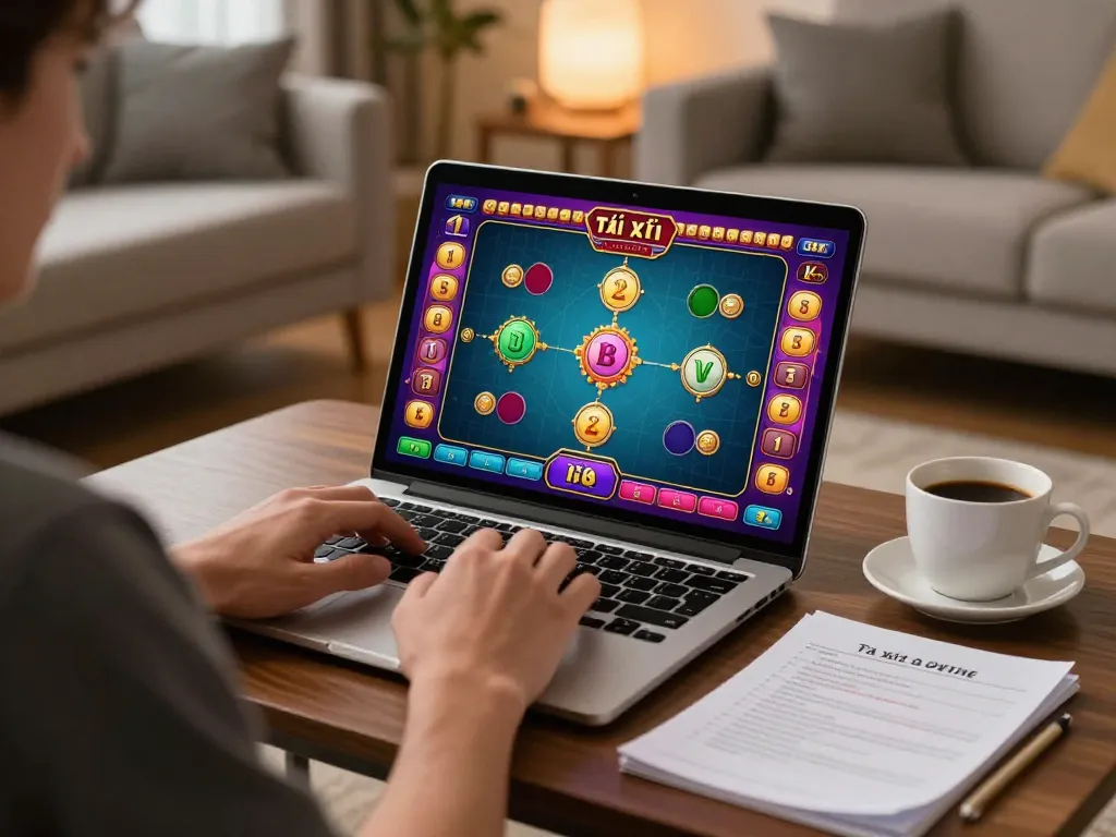Tài xỉu online gameplay setup featuring a player using a laptop in a cozy living room.