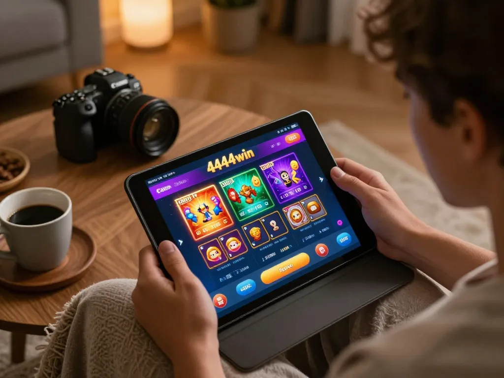 Engaging experience at 4444win, user enjoying online slots on tablet in a cozy home setting.