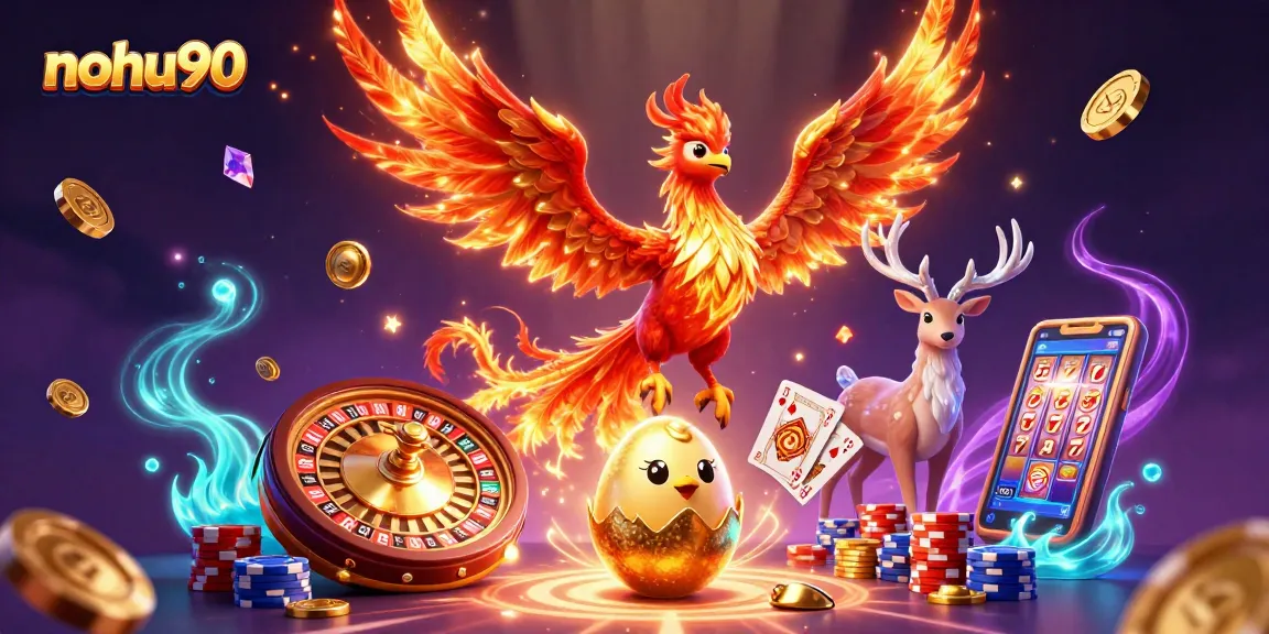 Nohu90 showcases a vibrant 3D casino scene with a phoenix, baby chick, and stag, featuring spinning roulette and flying coins.