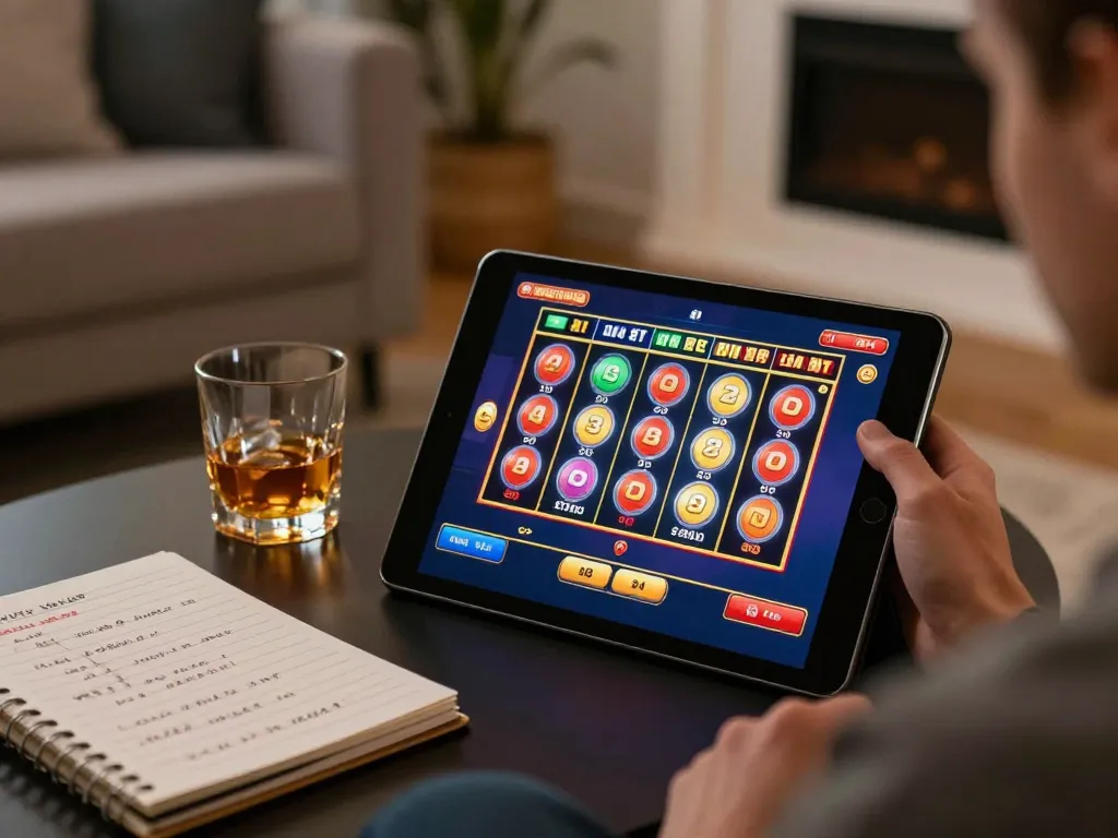 Player enjoying online slot games at home, showcasing strategic notes and a tablet interface for nhà cái jun88