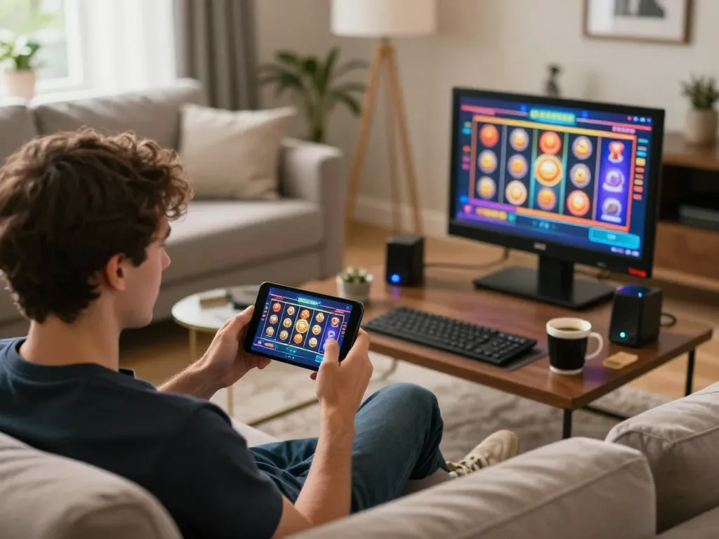 Player enjoying mobile gaming through the 8EEE plataforma app, capturing the excitement of online gambling.