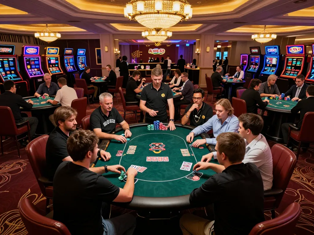 Engaged players strategizing cards at king88 poker table in an upscale casino.