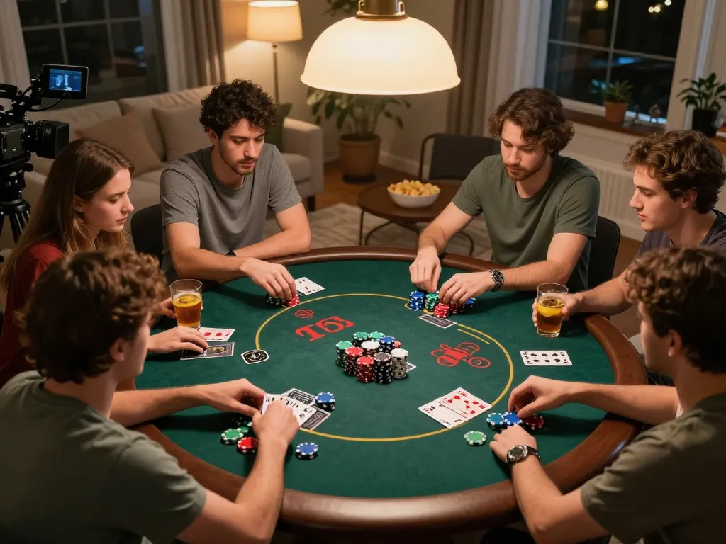Group of friends participating in a lively poker night, focusing on ty le bong da and strategic gameplay in a cozy home setting.