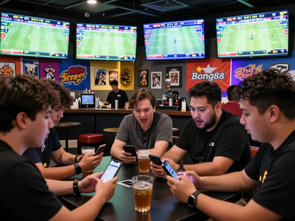 Bong88 players engaging in sports betting excitement, placing bets while enjoying the lively atmosphere.