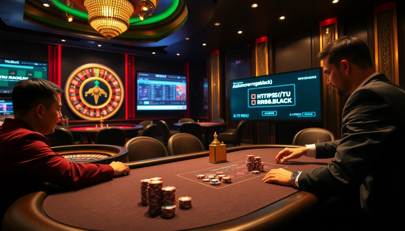 Experience the thrill of gambling at https://rr88.black/ with professional poker players at an upscale casino table.