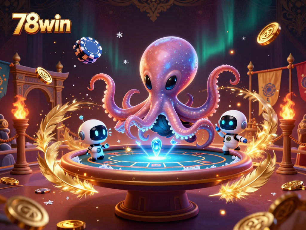 78win enhances your poker experience with vibrant aliens and holographic tables in this action-packed illustration.