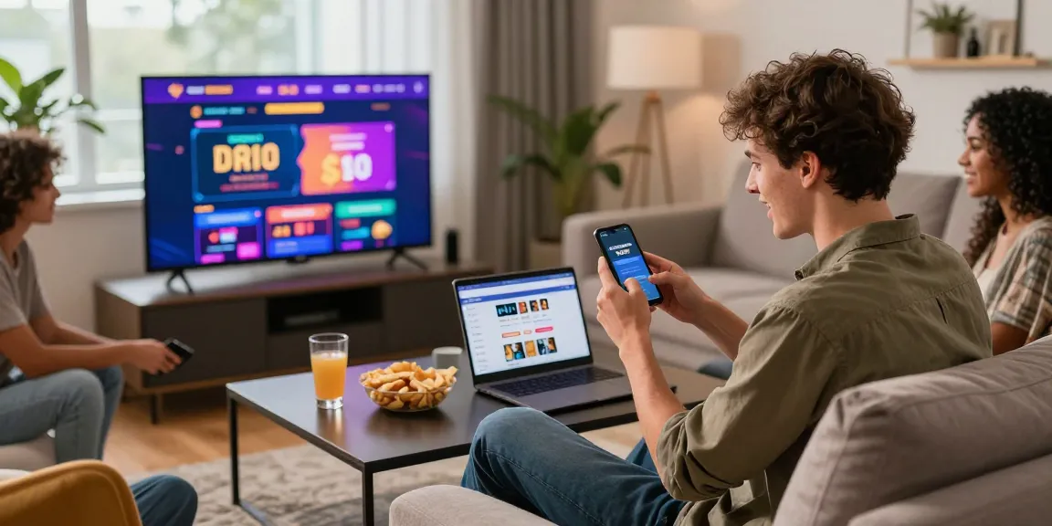 Friends exploring credit card betting sites on a stylish living room setup, showcasing gaming excitement and social interaction.