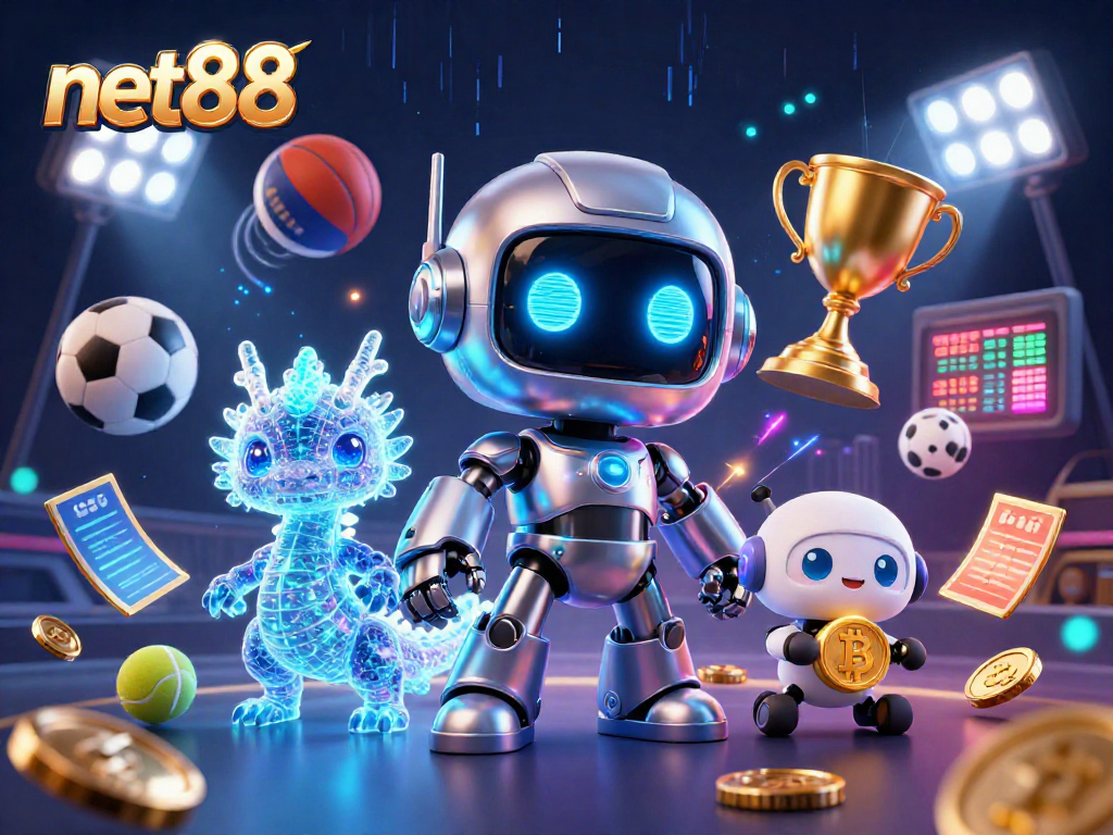 Experience thrilling net88 gaming with a vibrant illustration of a cyberpunk mascot and energetic sports elements.