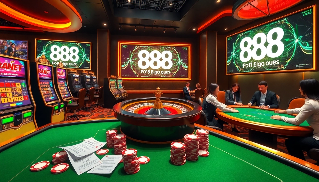 A vibrant casino scene showcasing gaming elements related to 888pgbr.com.br, including slot machines and poker tables.