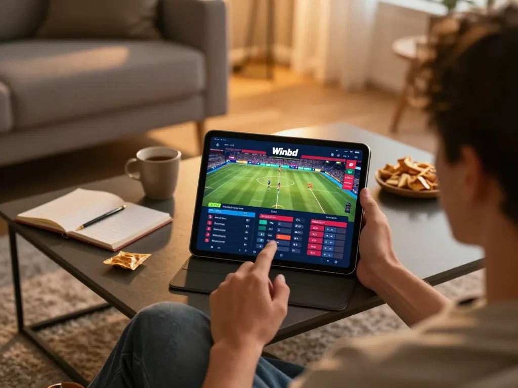 Engaging in sports betting on Winbd with a tablet, showcasing a relaxed home gaming environment.