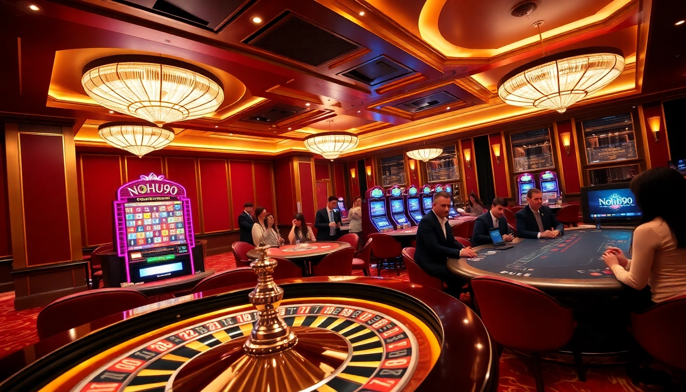 Nohu90 players engaging at vibrant casino tables featuring roulette and slot machines.