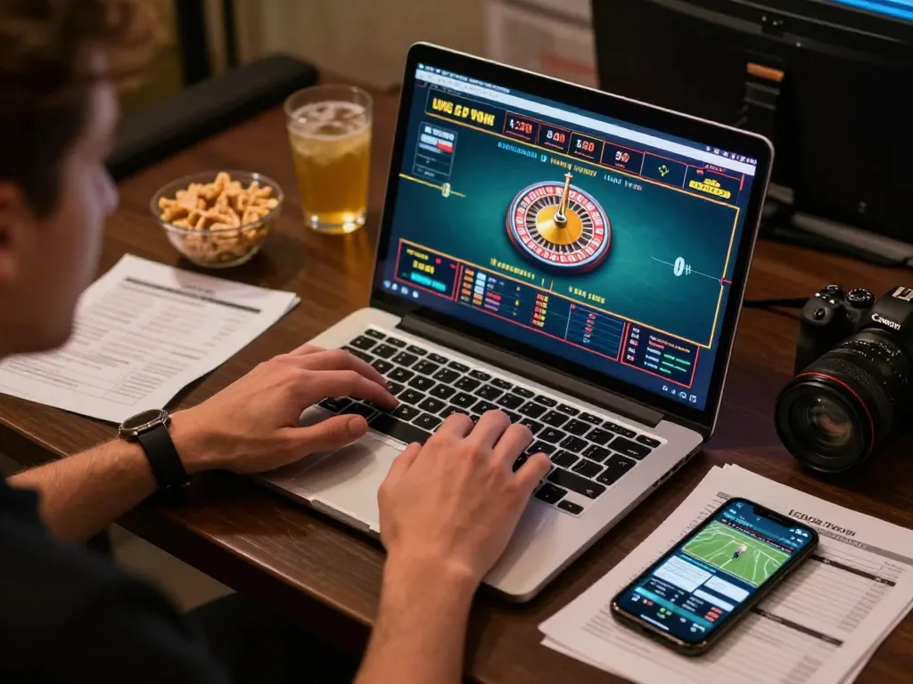 Experience thrilling moments with sin88 as a player enjoys live casino gaming on a laptop at home.
