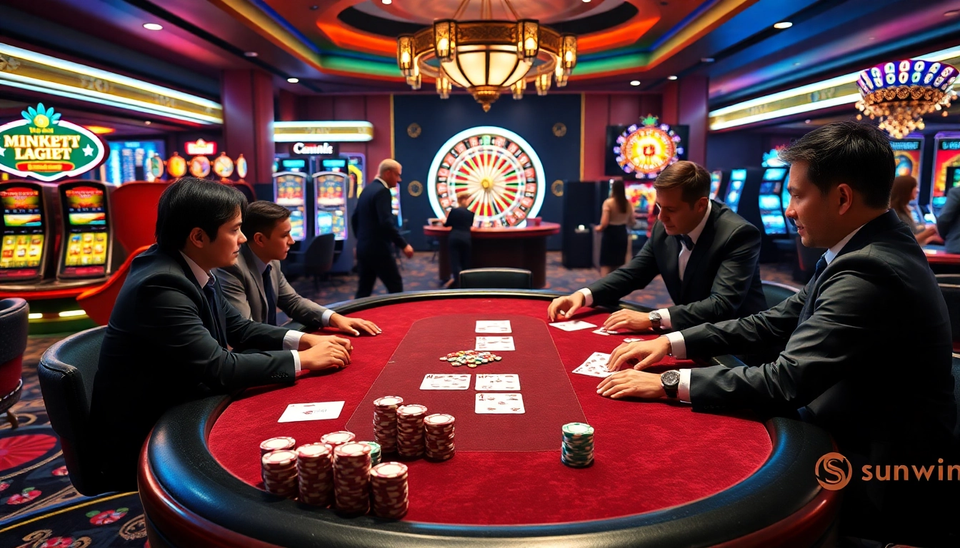 Sunwin poker players strategizing at a luxurious casino table amid vibrant gaming action.