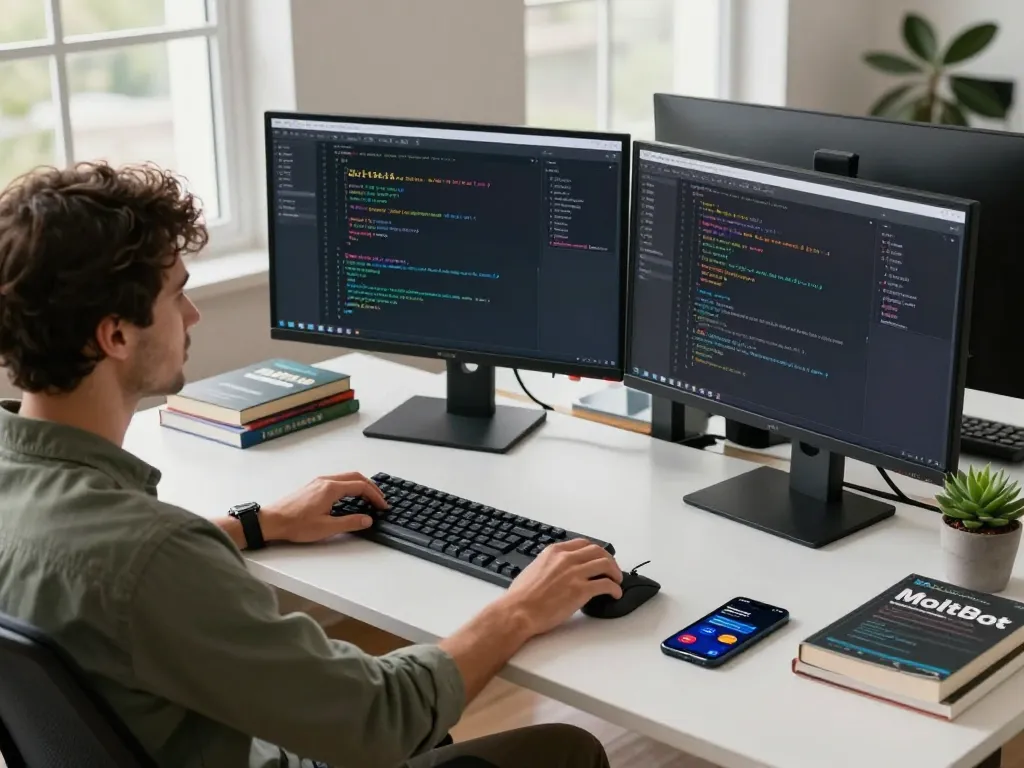 MoltBot personal AI assistant in a modern workspace with dual monitors displaying code and integrations, promoting productivity.