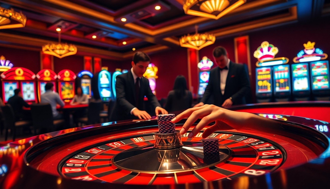 Watch players enjoying high-stakes gaming at HZ88 with roulette and colorful slot machines.