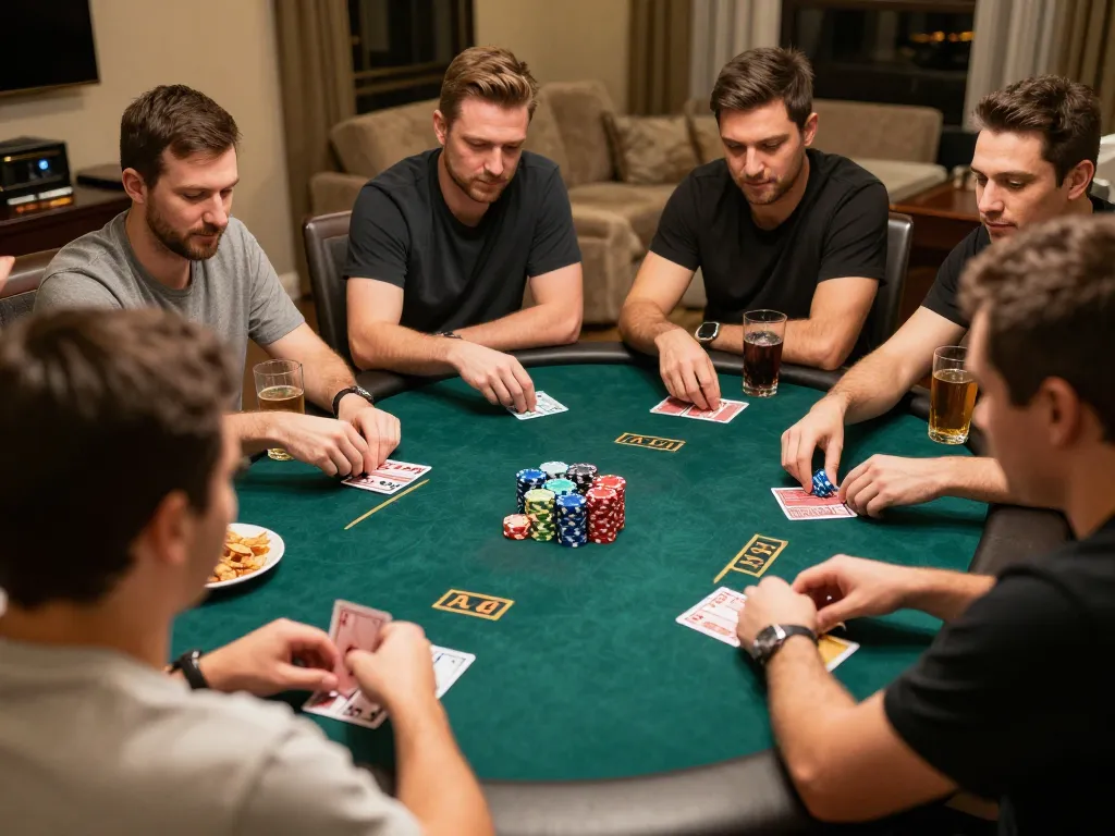 Players engage in a thrilling poker night at home, showcasing strategies and excitement at the table with fly888 branding.