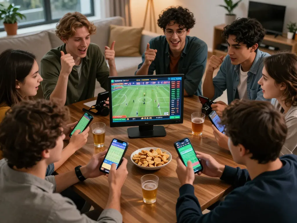 Engaged friends using the alo8 sports betting app during a live match in an exciting social setting.