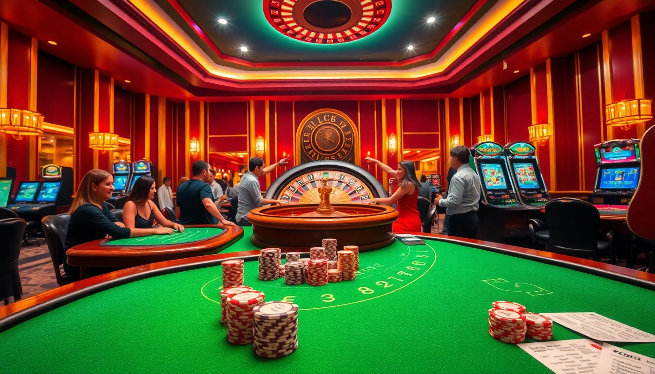 Engaged players at the LC88 casino table surrounded by vibrant poker chips and a roulette wheel.