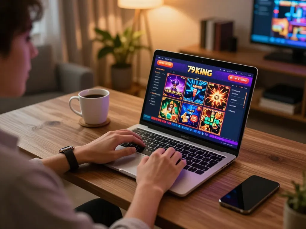 Engaging gameplay scene showcasing nhà cái 79king on a laptop with dynamic gaming interface, highlighting strategic online gambling