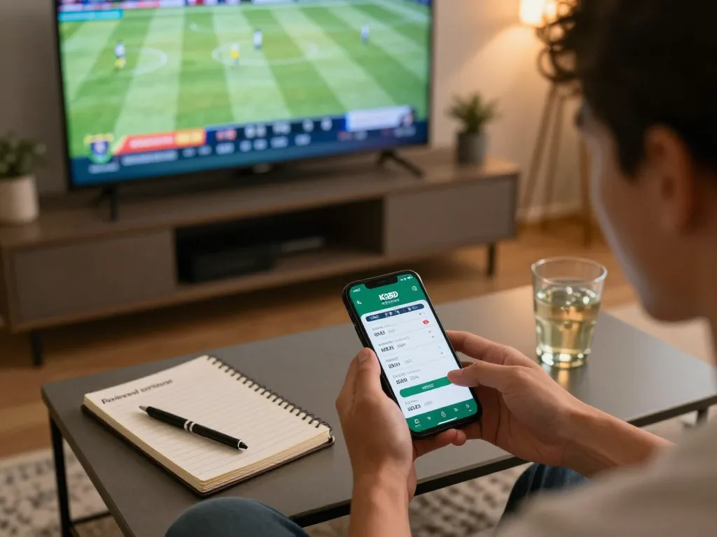 Person using KQBD sports betting app on smartphone while watching live sports in cozy living room.