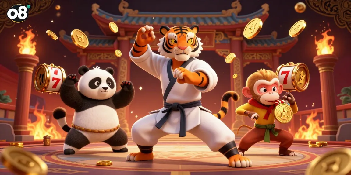 Experience the thrill at o8 with a vibrant 3D scene showcasing martial arts characters and dynamic slot reels.
