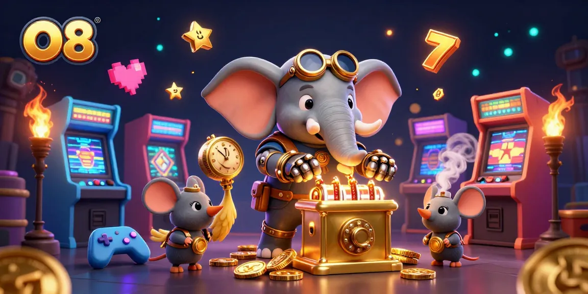 Spin the O8 golden slot machine with steampunk character surrounded by vibrant casino visuals.