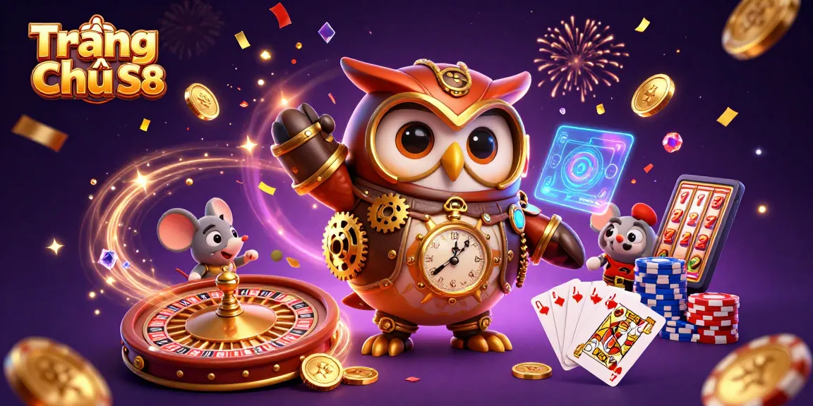 Experience excitement at Trang Chủ S8 with a vibrant 3D representation of casino elements and characters.