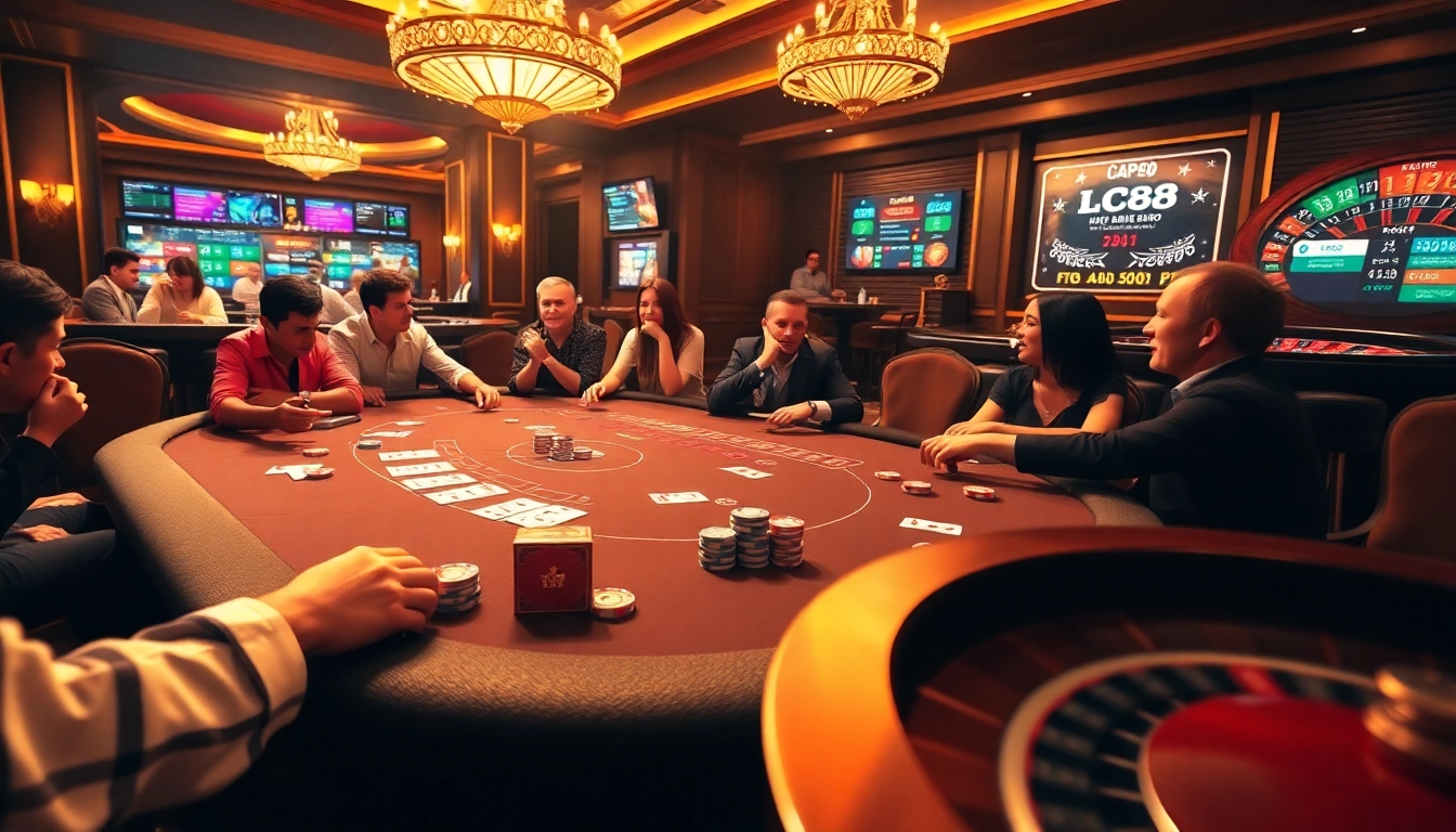 Experience the thrill of LC88 with vibrant casino gaming tables and excited players.