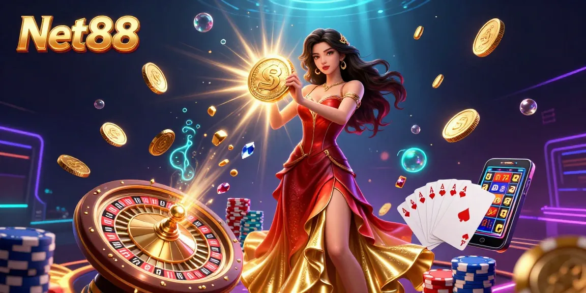 Experience the excitement of Net88 with a stunning portrayal of a woman holding a golden coin, surrounded by casino elements.