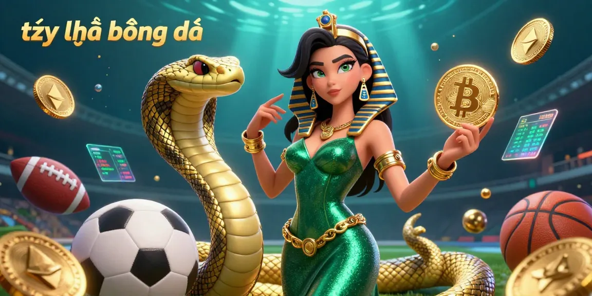Sport bettors explore tỷ lệ bóng đá with a dazzling woman and a golden cobra amidst vibrant betting elements.