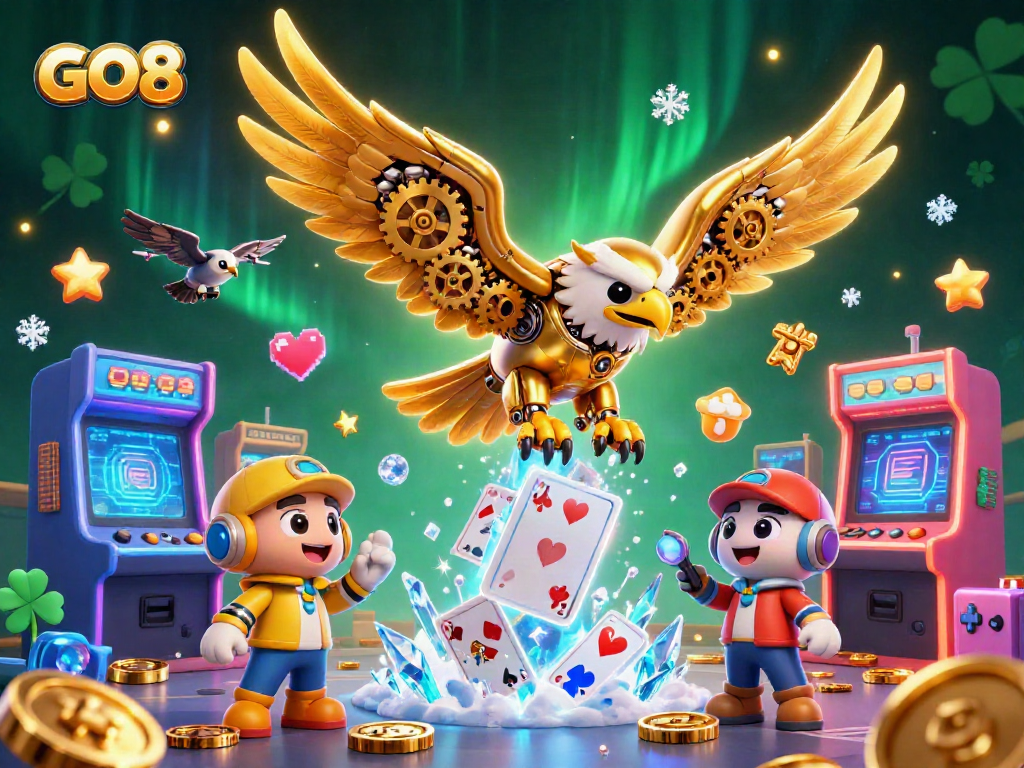 Experience the excitement of GO8 with a dynamic scene featuring a golden eagle amidst holographic casino elements.