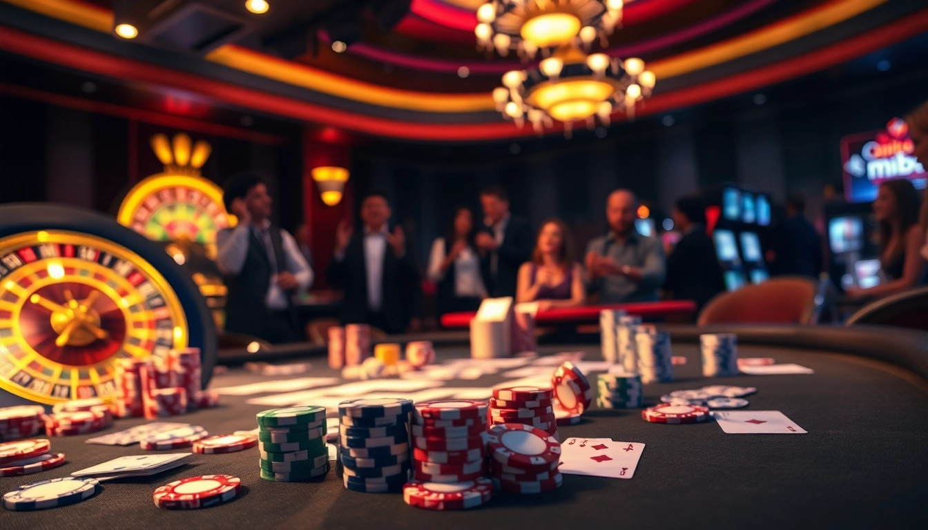 Mibet casino gaming scene featuring poker chips, cards, and enthusiastic players.