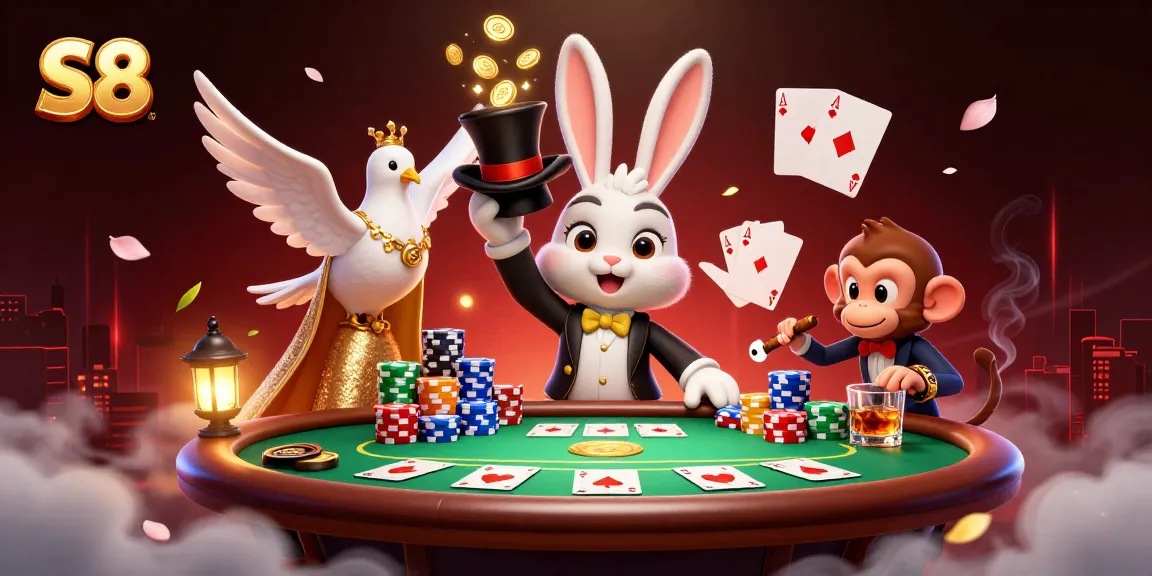 Engage with the exciting scene featuring S8 casino characters bringing luck with poker chips and golden coins.