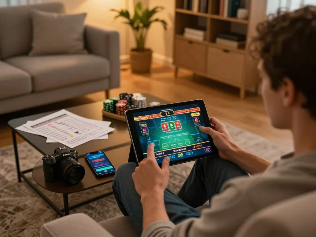 Player engaged in live dealer game on tablet at home, showcasing xx88 online gambling experience.