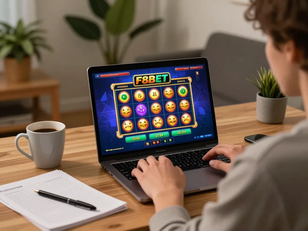F8BET player engaging in online slots gaming with strategic notes at hand
