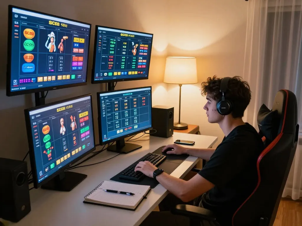 Person analyzing strategies on SC88 online gaming interface at home office setup