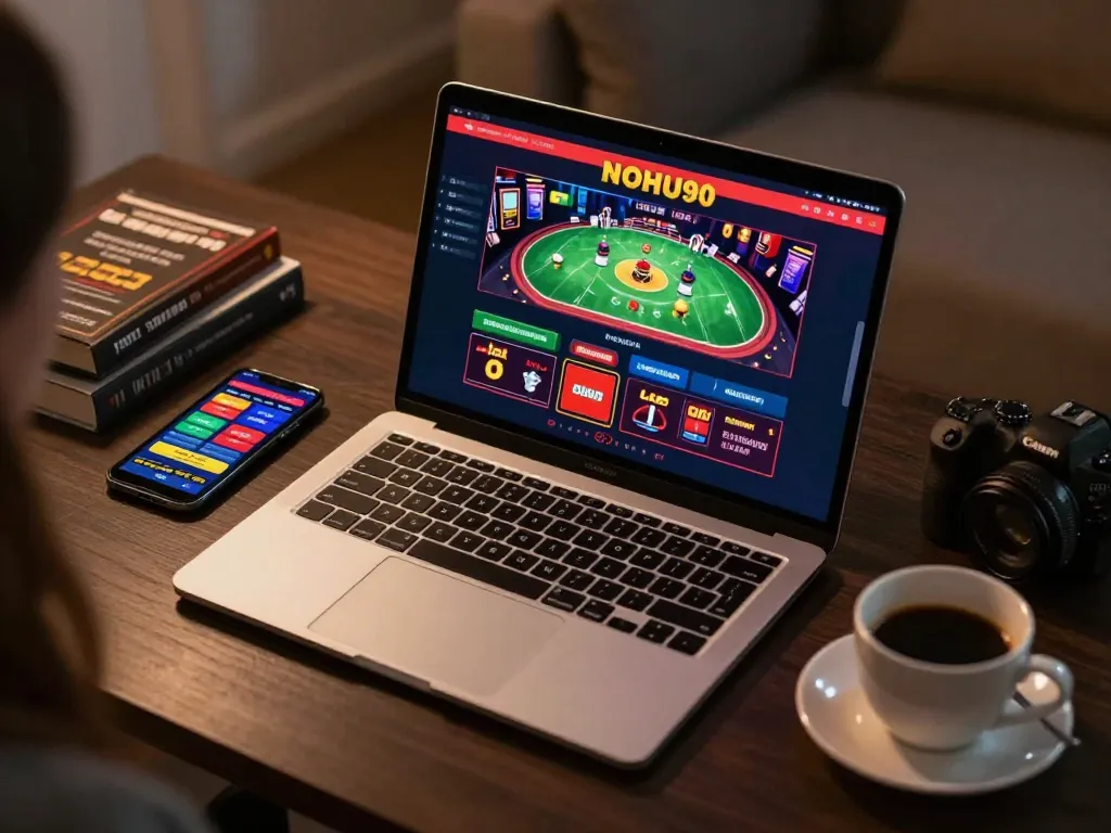 Engaging online gaming session at NOHU90 with live dealer table on laptop