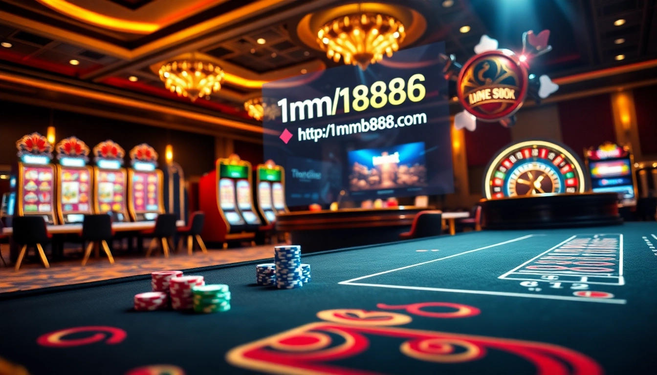 Engage in thrilling gameplay at https://1mm888.com/ with vibrant slot machines and a roulette wheel.