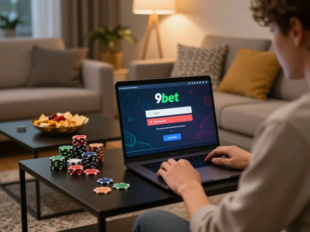 Engaging moment of Login 9bet on a laptop with cozy gaming setup, emphasizing online casino experience.