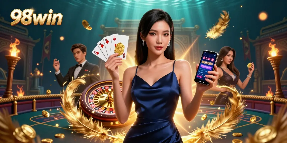 Experience thrilling games at 98win with a confident player showcasing her winning chip and casino app.