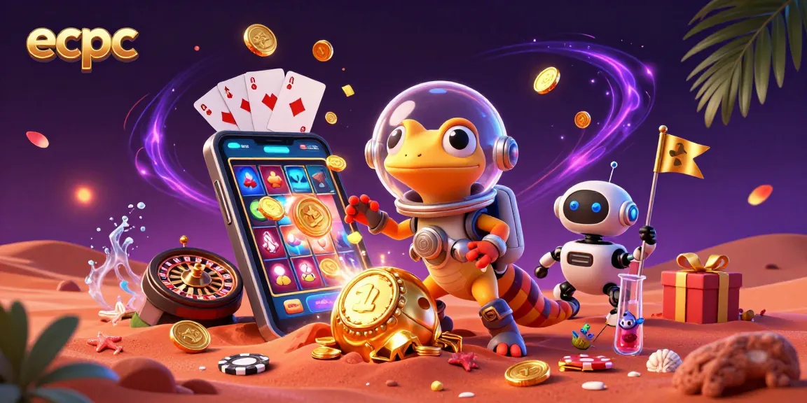 Engage with ecpc's vibrant casino illustration featuring a Martian gecko, exciting slot games, and dynamic casino elements.