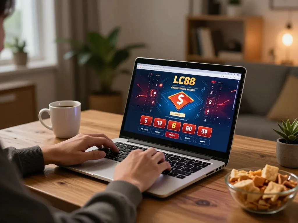 Engaging with the LC88 online casino from a comfortable home setting, ready to play and win.