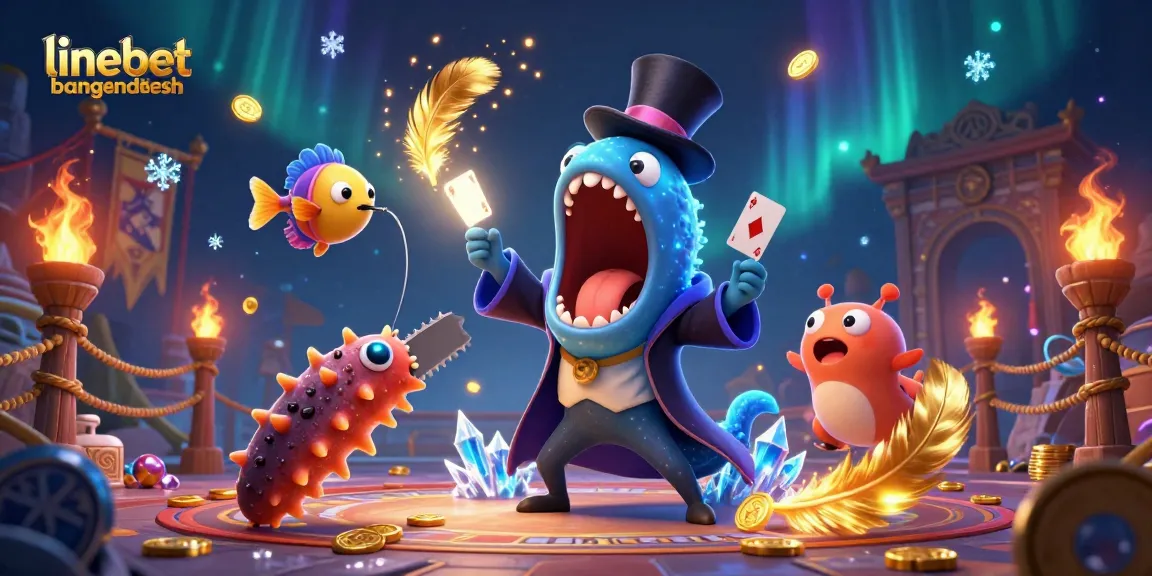 Engaging illustration showcasing linebetbangladesh with animated characters performing magical card tricks in a vibrant casino setting.