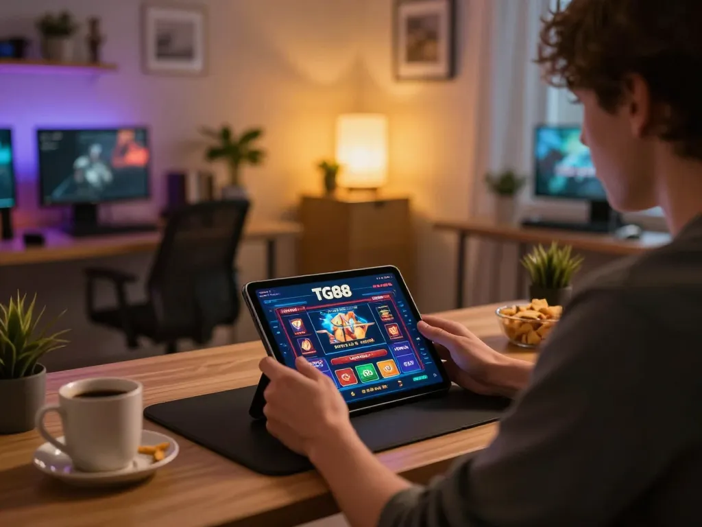 Player engaging with TG88 casino app on tablet at a cozy home gaming setup, surrounded by snacks and warm lighting