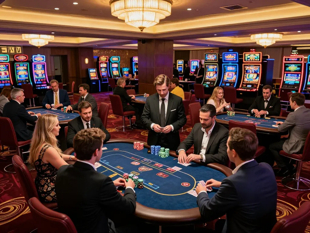 Players engaged at VVVwin poker tables under warm ambient lighting, showcasing strategic gameplay.