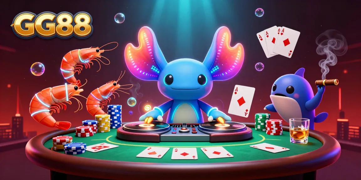 Experience GG88's exciting casino atmosphere featuring vibrant aquatic characters and poker gameplay.