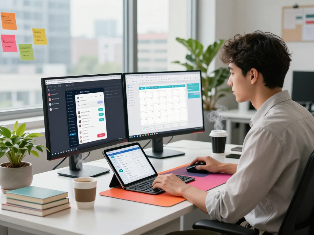 Modern workspace with AI +18 tools, featuring professional managing tasks with dual monitors and vibrant decor.
