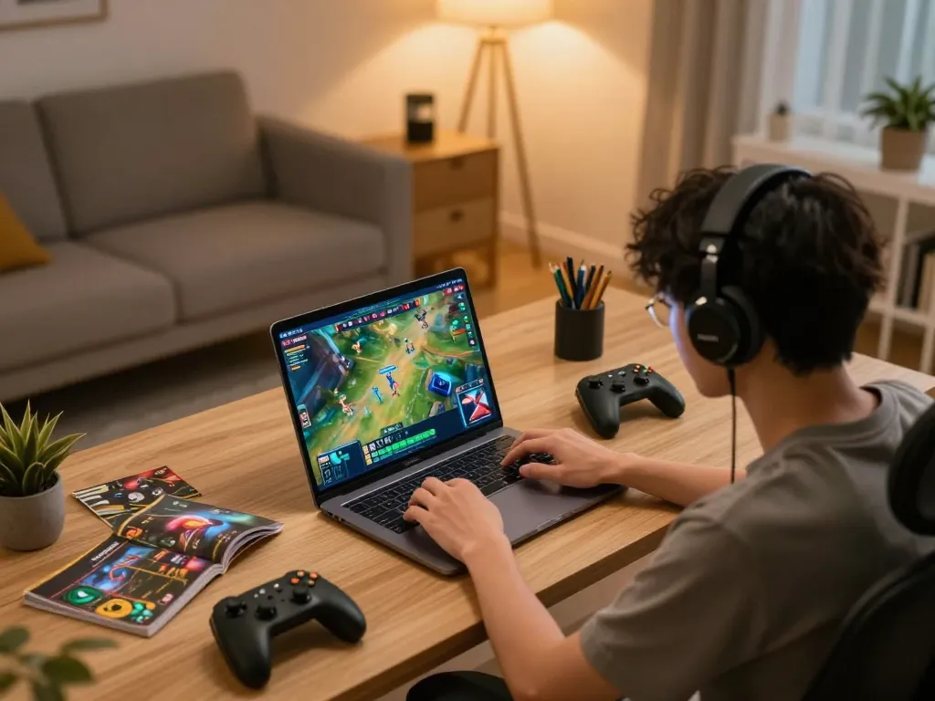 Player enjoying a game bài đổi thưởng on laptop, highlighting strategic gaming skills in a cozy setup