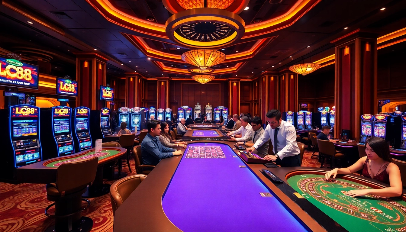 Experience the thrill of LC88 Casino with players engaged in dynamic games under vibrant lights.